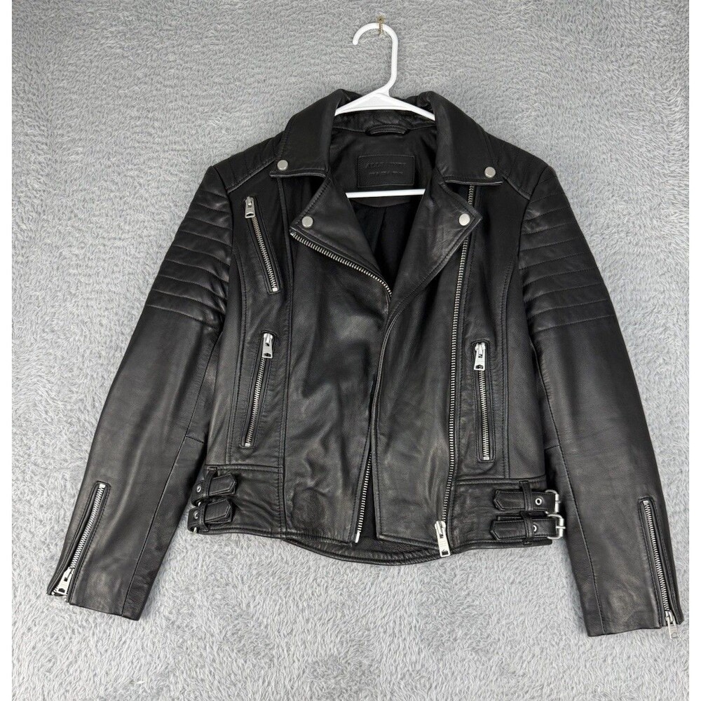 AllSaints Parin Biker Black Lamb Leather Moto Jacket Women’s US 4 Quilted
